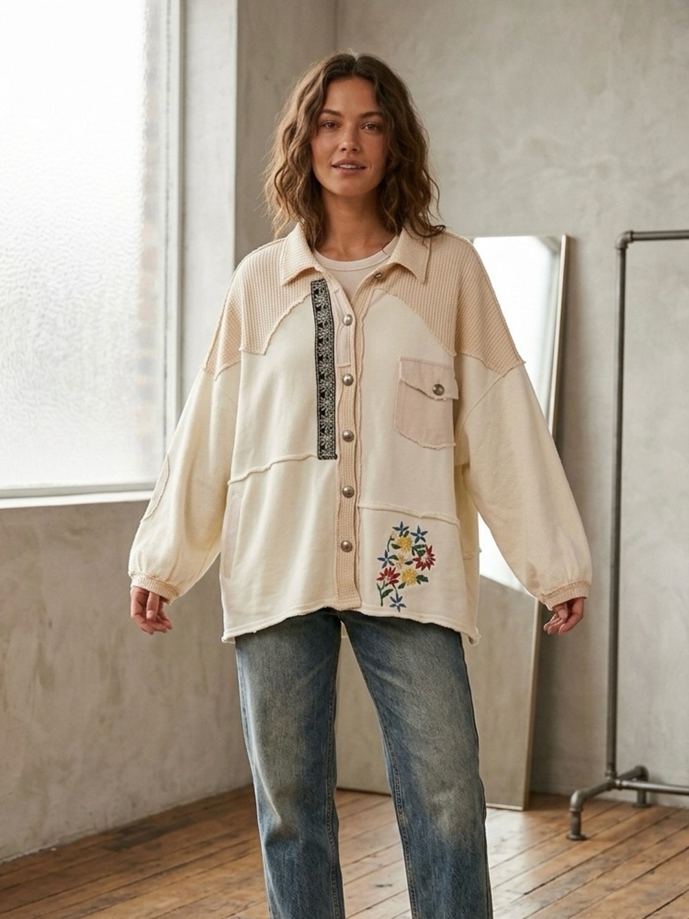 POL Mixed Media Embroidered Boho Blouse Cream Small Oversized